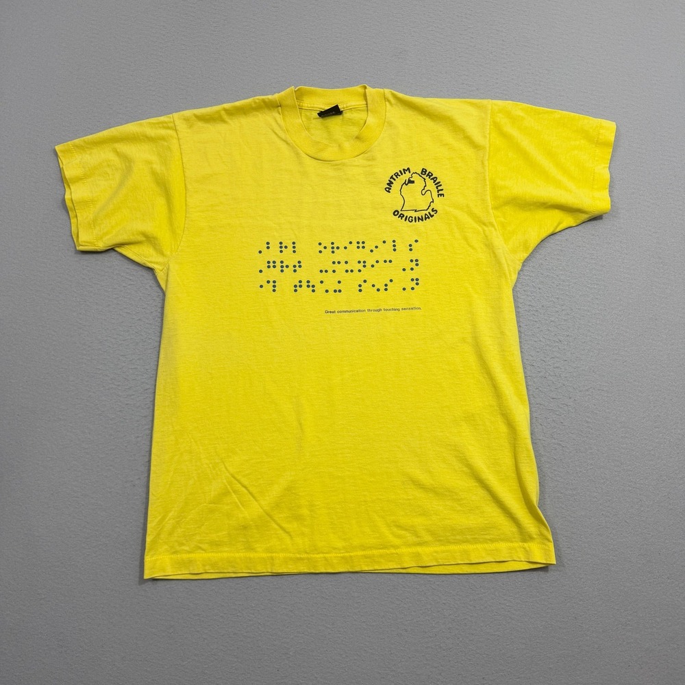 Screen Stars T-shirt Men XL Yellow Antrim Braille Originals Vintage USA Graphic